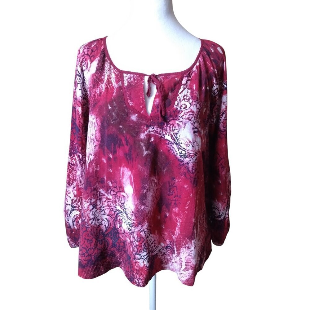 Ariat XL 3/4 Puff Sleeve Tie Dye Pullover Top Boho Western Colorful Tie Neck